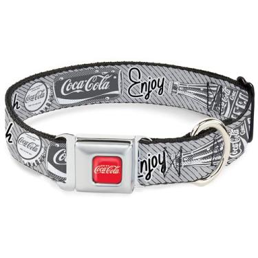 Imagem de Coleira para animais de estimação The Coca-Cola Company, coleira de cachorro, fivela de cinto de segurança de metal, Coca Cola Enjoy Refresh Can and Bottle Greays Branco Preto, 23 a 33 cm de largura
