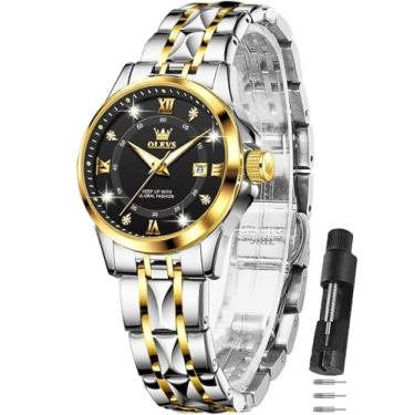 Imagem de OLEVS Relógio feminino de dois tons com vestido de data, relógios femininos para pulsos pequenos, luxuosos, relógios de leitura fácil para mulheres, à prova d'água, azul/preto/dourado/prata, relógio