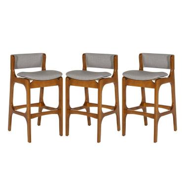 Imagem de Kit 3 Banquetas Alta Ella em Madeira Estofada Facto Cinza Claro L96 RMI