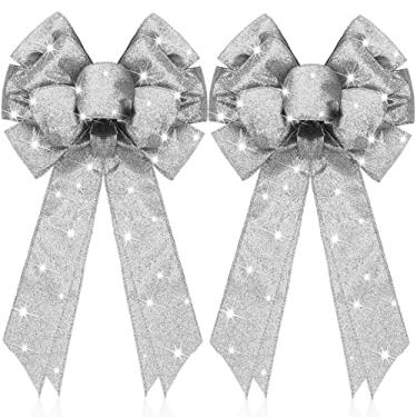 Imagem de Giegxin 2 peças de guirlanda de LED de Natal arco de juta de natal arco luzes LED arco porta de inverno decoração de parede topo de árvore de Natal para interior exterior inverno decoração de natal, 45 x 25 centímetros (prata)