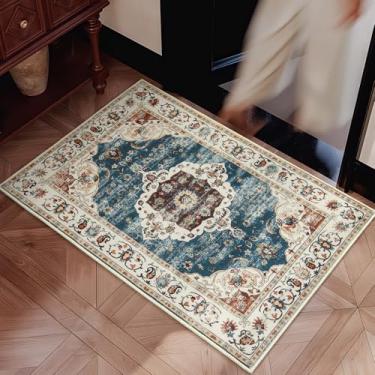 Imagem de HOMORE Tapete de área Boho 2x3 Pequenos Tapetes para Quarto, Tapete Lavável para Entrada de Cozinha, Tapetes Antiderrapantes para Capacho de Entrada Interior, Azul Marrom