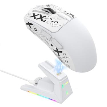Imagem de ATTACK SHARK X1 Mouse gamer sem fio ultraleve com dock de carregamento magnético RGB, fita antiderrapante,sensor PixArt PAW3395 Pro,40000 DPI,BT/2,4 GHz/com fio, microinterruptor para PC Mac(branco)