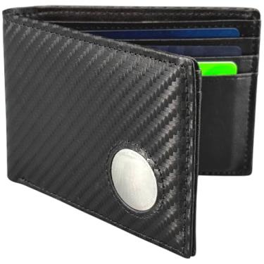 Imagem de Carteira masculina com suporte AirTag, carteira AirTag fina de couro genuíno com bolso para dinheiro, bloqueio RFID, 9 compartimentos para cartão, divisória de notas, janela para identidade, Carbono
