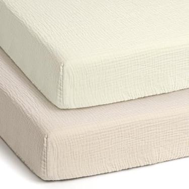 Imagem de Pacote e lençóis de musselina lulumoon: lençol com elástico de algodão para colchão e playard 4momsPack N Play (branco + creme)