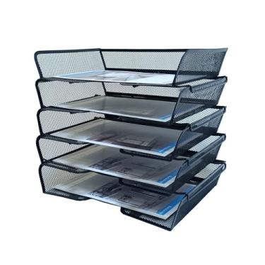 Imagem de Organizador de mesa de malha de metal de 5 camadas - bandejas empilháveis para material de escritório, sistema de armazenamento de arquivos preto com bordas reforçadas