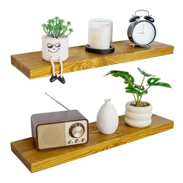 Imagem de BGMG Prateleiras flutuantes de madeira para parede 76 cm, conjunto de 2 prateleiras de parede de madeira rústica, para sala de estar, quarto, cozinha, fazenda, 6 x 17 x 3 cm, carvalho dourado