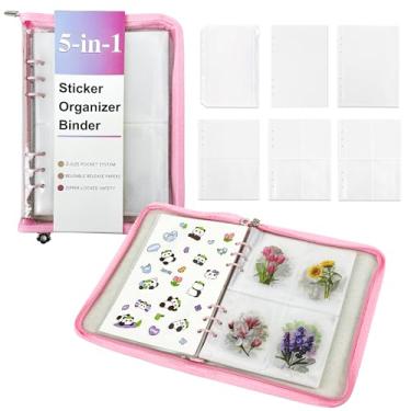 Imagem de Eastvio Pasta organizadora de adesivos 5 em 1 reutilizável A5 com 220 bolsos, 10 papéis de lançamento, álbum com zíper para colecionar adesivos para exibição (rosa)