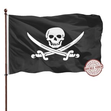 Imagem de Bandeiras de piratas de dupla face 10 x 15 - 3 camadas resistentes de poliéster 240D cores vivas - 10 x 15 bandeira pirata Jolly Roger - 4 linhas costuradas e cabeçalho de lona com 2 ilhós de latão