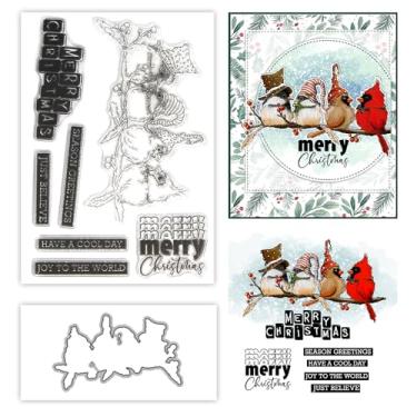 Imagem de YIXUAN Conjunto de carimbos transparentes e matrizes de corte de metal fofo pássaro gnomo feliz Natal com embalagem caixa de envelope para fazer cartões, materiais de scrapbook, molde de faca de