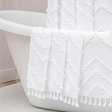 Imagem de OWENIE Cortina de chuveiro extra longa branca boho, cortinas de chuveiro de tecido texturizado chevron tufado chique com borla para banheiro, casa de fazenda estilo hotel macio, lavável na máquina