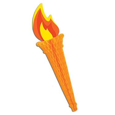 Imagem de Beistle Tochas de tecido – Pacote com 4 decorações de chamas grandes com topo de cartolina e alça de tecido de favo de mel para acampamento, esportes, fantasia medieval, temas de festa do dia da selva
