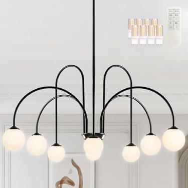 Imagem de Bagood Lustre Sputnik Preto De 8 Lâmpadas, Luminária Moderna Meados Do Século, Globo 38,5" Com Cúpula Vidro Leitoso Para Quarto (Lâmpada G9 E Controle Remoto Inclusos)