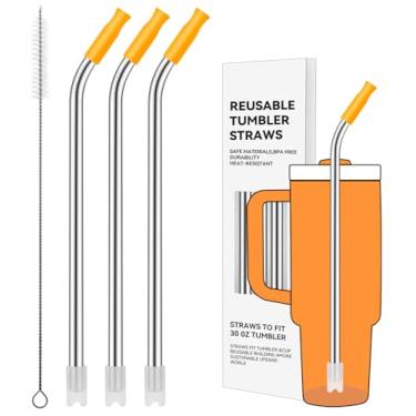 Imagem de Prurex Canudos reutilizáveis de aço inoxidável com ponta de silicone para Stanley 850 g, canudos de metal para copo de 850 g, 3 tubos dobrados e 6 pontas e 1 escova Cleanr (Goldenrod)