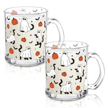 Imagem de Whaline 2 peças de canecas de café de vidro fantasma de Halloween com alças 340 g fofo gato fantasma abóbora morcego xícaras de café copo para chá de cappuccino quente, suco de café gelado