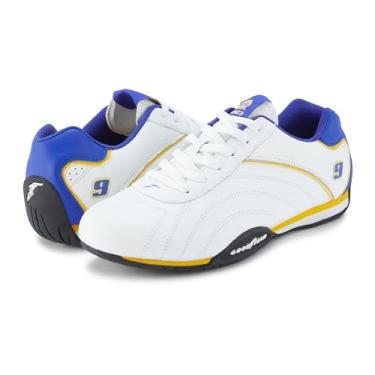 Imagem de Goodyear Tênis masculino Ori Racer – Hendrick Motorsports Tênis de cano baixo com cadarço, forro de couro e malha, #9 Branco/Royal/Amarelo, 45