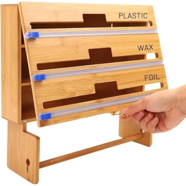 Imagem de Clig Film Dispeser Ad R, Plastic Wrap Dispeser Com R Ad Labels, 5 I 1 Ti Foil Ad Plastic Wrap Orgaizer, Bambu Paper Towel Holder Wall Mout