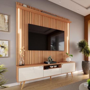 Imagem de Rack Com Painel Sevilla Led Efeito Ripado 3d Para Tv Até 70 Polegadas 183cm Jequitibá-off White