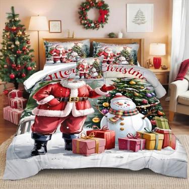 Imagem de Conjunto de edredom Queen com Papai Noel, boneco de neve, árvore de Natal, para meninos e crianças, 4 peças, macio, leve, conjunto de edredom de Natal, 1 colcha, 2 fronhas, 1 capa de almofada