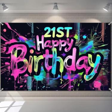 Imagem de HOMETITUTE Banner Neon 21st Happy Birthday 188 x 109 cm Tinta respingo que brilha no escuro cenário colorido decoração de parede para adultos, meninos, meninas, celebrações de 21 anos, adereços para