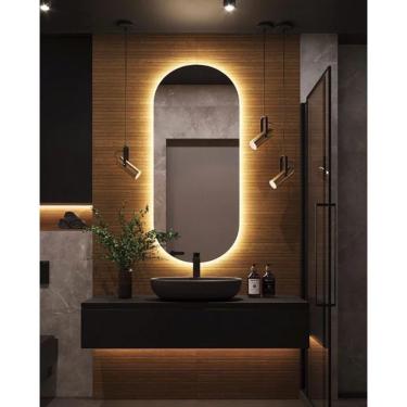 Imagem de Espelho Oval Com Led Branco Quente 90x45 Com Bateria Amarelo