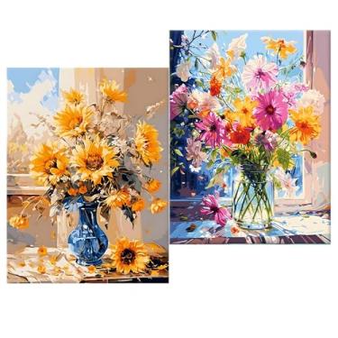 Imagem de Huacan Kits de pintura por números para adultos, iniciantes, 2 peças sem moldura, faça você mesmo, flores em vaso, desenho em tela, kit de pintura acrílica feito à mão com 8 pincéis 40 x 50 cm
