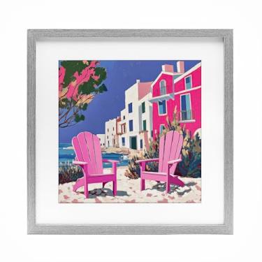 Imagem de Stupell Industries Cadeira de praia Meetup em rosa cinza impressão emoldurada sob vidro design por Annabelle Hall, 40,6 x 40,6 cm