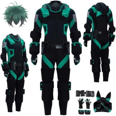 Imagem de Arwomlo Fantasia masculina preta verde macacão adulto festa Halloween conjunto completo, Preto, GG