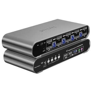 Imagem de Terived 4 computadores 2 monitores DP interruptor KVM automático, 8K @30Hz 4K @144Hz 4 portas DP USB 3.0 monitor duplo, microfone de áudio de tecla de atalho de alumínio, monitor digital, HDR10 com