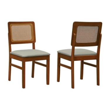 Imagem de Kit 2 Cadeiras Madeira Maciça Lyon Encosto Telinha Amêndoa - Amêndoa - Assento Estofado Linho Bege