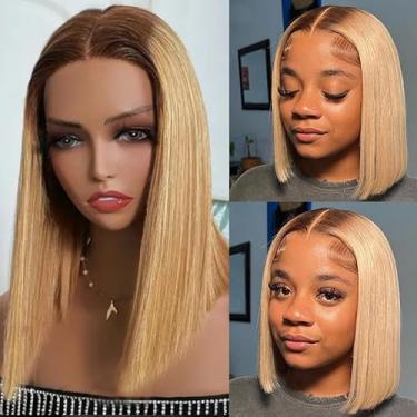 Imagem de Smavida Peruca de cabelo humano 4/27 marrom HD transparente bob lace front hair wear and go glueless ombré mel loiro destaque Bob peruca de cabelo humano pré-arrancado com cabelo de bebê, perucas bob