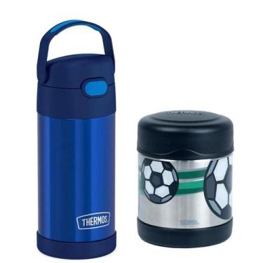 Imagem de Kit Garrafa E Pote Térmico Thermos Alimentação Infantil, Azul e Bola
