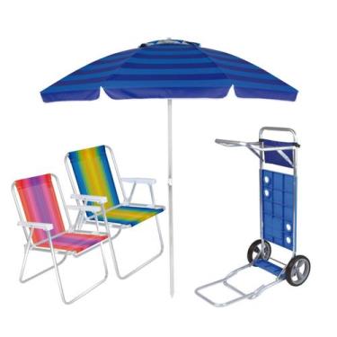 Imagem de Kit 2 Cadeira Praia Alta Listrada Alumínio + Guarda Sol 2m + Carrinho 