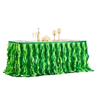 Imagem de Wish Care Saia de mesa de lantejoulas verdes de 1,8 m para mesas retangulares, saia tutu havaiana de salgueiro encaracolado, saia de mesa com babados para aniversário, chá de bebê, selva, luau, tema