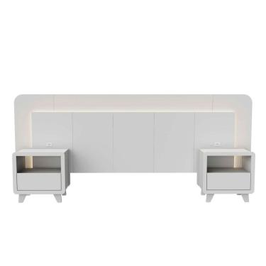 Imagem de Cabeceira Casal Queen com 2 Mesas de Cabeceira Led 3000k e Tomadas 100% Mdf Mabel Branco