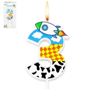 Imagem de Vela de aniversário de desenho animado céu azul nuvem branca foguete tema brinquedo suprimentos para festa de aniversário (número 3)