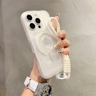 Imagem de Capa magnética transparente fosca com porta-cartões para iPhone 16, 15, 14, 13, 12, 11, 16 Pro Max Plus, alça de pulso, capa com cordão, branca, para iPhone 15