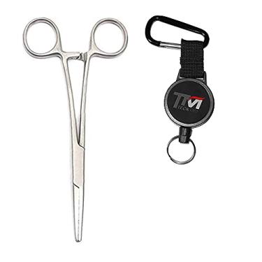 Imagem de TeckMed - Alicate de pesca de 12,7 cm, hemostato, pinça reta, pinça, ferramenta de remoção de gancho com retrator para pescadores, pacote de colete, conjunto de equipamentos sortidos