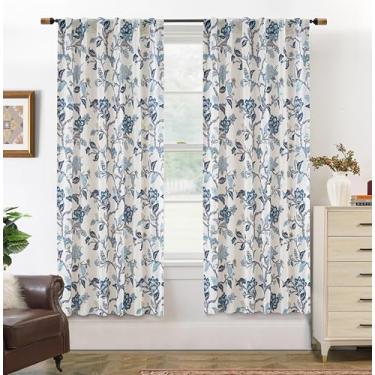 Imagem de DriftAway Cortinas Ada com estampa botânica floral forrada com folhas com isolamento térmico, mistura de linho, 100% blackout, aba traseira, 2 camadas, conjunto de 2 painéis cada, 132 x 163 cm, azul