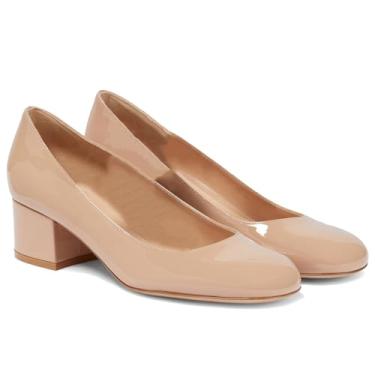 Imagem de MOOMMO Sapatos femininos clássicos de camurça salto grosso bico redondo fechado sem cadarço 5 cm salto baixo grosso sapato social fosco patente primavera moda escritório feminino trabalho sapato