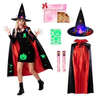 Imagem de Halloween Costume,LED Spider Witch Hat 7.5in & Reversible Cape 47.2in- Light Up Outfit with DIY Glow Stickers, LED Hairpin, Halloween Candy Bag & Premium Gift Box for Family Halloween Decorations