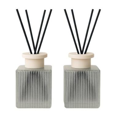 Imagem de Kit 2 Difusor Aromatizador de Vidro 200 ML Quadrado Canelado com Tampa Bege + Varetas(2 Frascos + 8 Varetas Pretas)