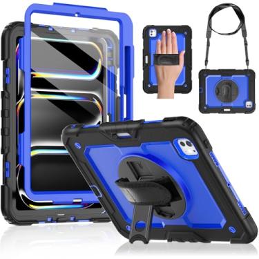 Imagem de DUNNO Capa para iPad Pro de 11 polegadas M4 2024 5ª geração, capa à prova de choque com protetor de tela, suporte para lápis, suporte giratório de 360°, alça ajustável de mão e ombro (azul)