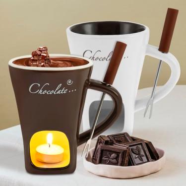 Imagem de 2 peças de copo de fondue, caneca de fondue de chocolate com garfo, copo de derretimento de chocolate, mini conjunto de fondue de chocolate sem luzes de chá, canecas de cerâmica para chocolate ou
