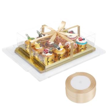 Imagem de EUSOAR Caixas transparentes para cupcake, embalagem com 12 recipientes retangulares dourados para sobremesa, 12 unidades com inserções e fita, suporte de presente de muffins de plástico para montagem