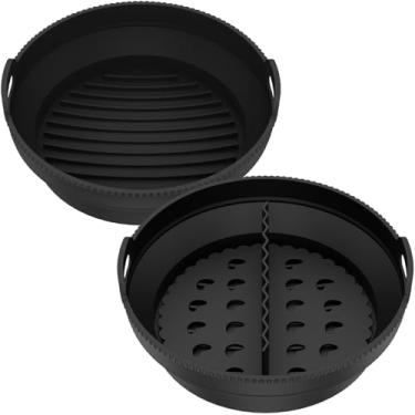 Imagem de 2 peças de forros de silicone para fritadeira a ar, forros redondos de airfryer, inserção de bandeja de silicone reutilizável para fritadeira a ar com almofada separadora, forros portáteis de silicone