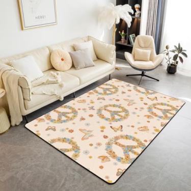 Imagem de Erosebridal Groovy Tapetes de área temática dos anos 70 para sala de estar quarto cabeceira, tapete antiderrapante retrô sinal da paz, tapete lavável de borboleta boho, tapete hippie mel abelha vintage flor floral interior, 5x7