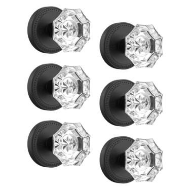 Imagem de Asidrama Pacote com 6 maçanetas de porta de cristal preto com trava, maçanetas de vidro preto fosco interior para quarto ou banheiro, resistente para portas do lado esquerdo direito
