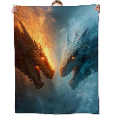 Imagem de Zeleda Cobertor de dragão de fogo e gelo, cobertores de flanela leves e aconchegantes, criatura épica com chama e geada, mantas míticas para sofá-cama sala de estar, 152 x 127 cm, presentes para