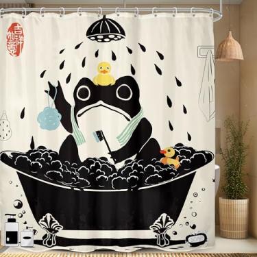 Imagem de LGhtyro Conjunto de cortina de chuveiro de sapo engraçado 188 cm L L x 198 cm A bege estilo asiático arte japonesa tradicional animal fofo tomando banho na banheira, acessórios de banho, arte de pato