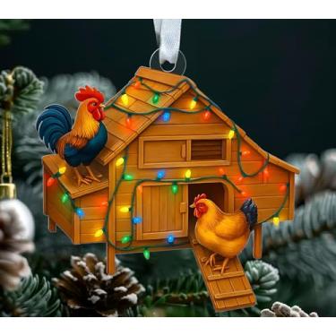 Imagem de Enfeite de acrílico para galinheiro - design de galo e galinha com luzes de Natal de casa de madeira - decoração de árvore de Natal - presente para agricultores